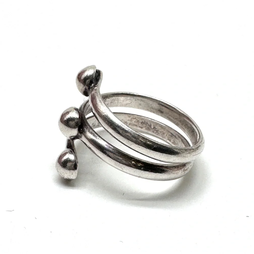 Vintage Sterling Silver Triple Beaded Wrap Bypass Ring Size 7 1/2